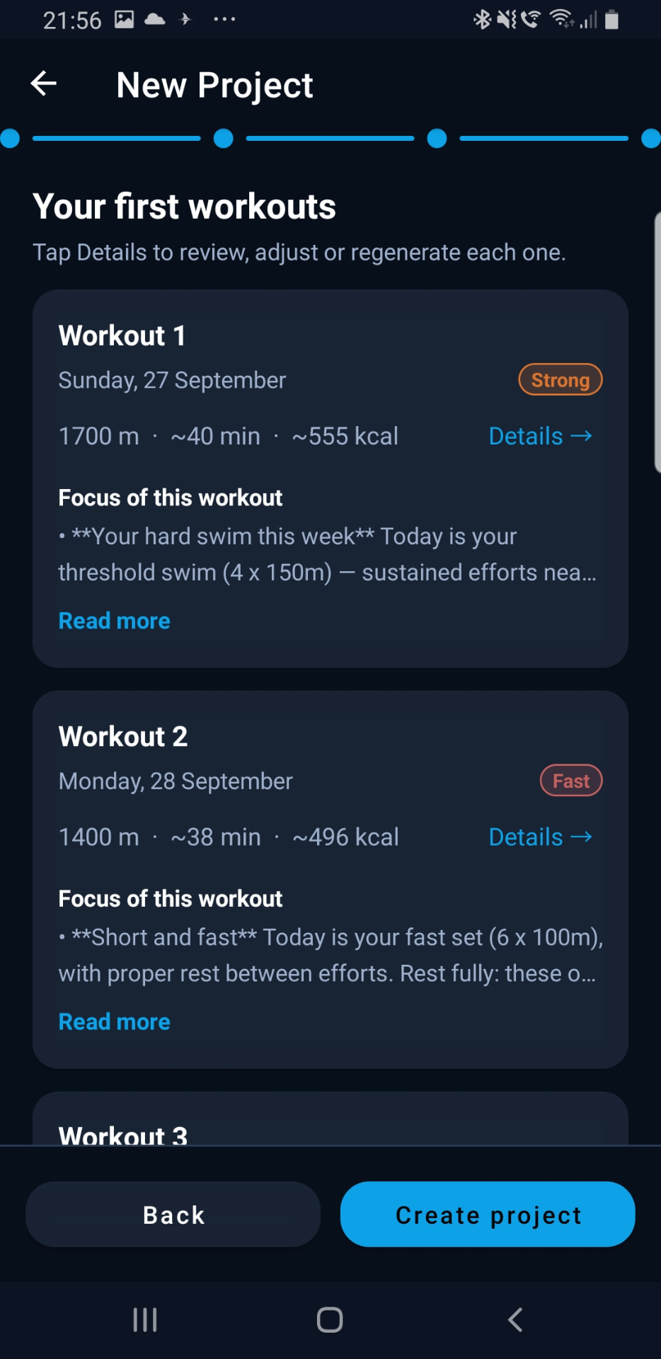 Personalised first workouts created for a new Project